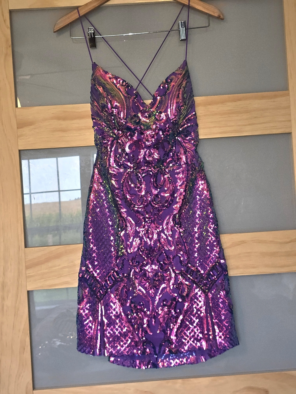 B Darlin Purple Sequin Mini Dress with Intricate Detail~Stunning And Showy